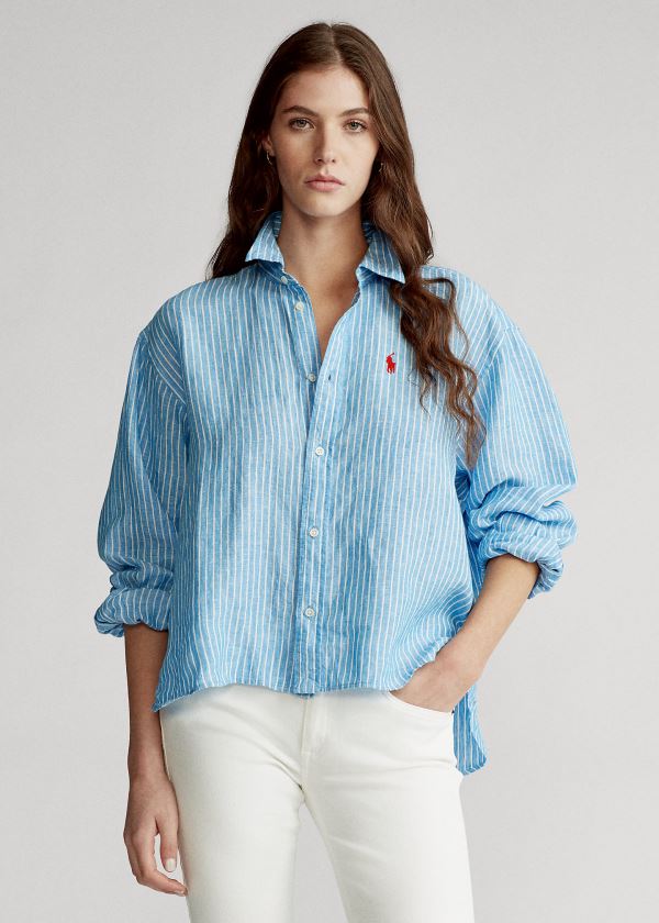 Women's Polo Ralph Lauren Striped Linen Shirts | 837650WXC